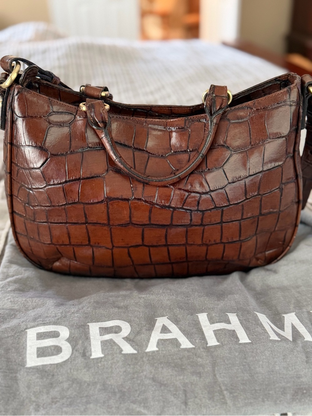 Brahmin Cognac Croc-Embossed Leather Satchel w/ Adjustable Strap & dust bag. - Picture 2 of 7